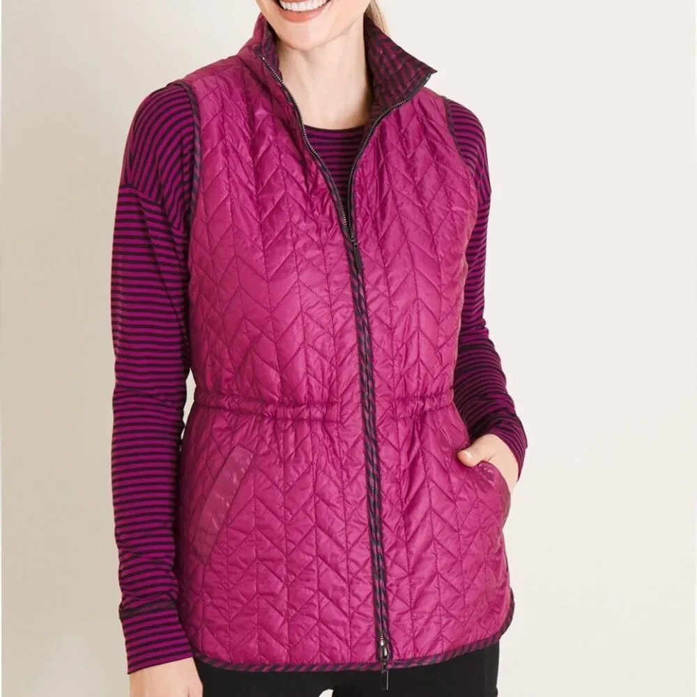 Chicos Zenergy Reversible Quilted Vest Berry Black Stripe Women Large Sleeveless